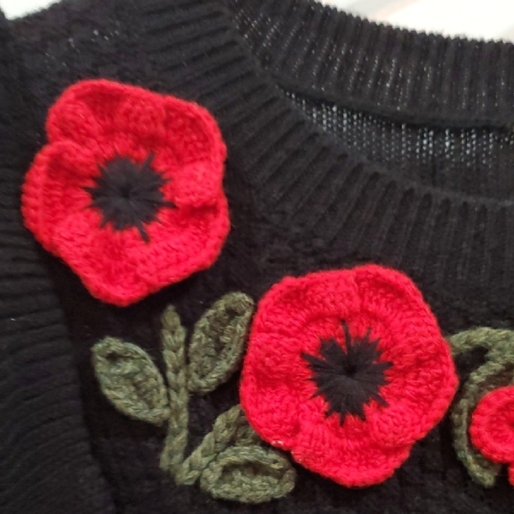 Kate Spade NY POPPY Black Sweater with Red Floral Embroidery - Picture 11 of 12
